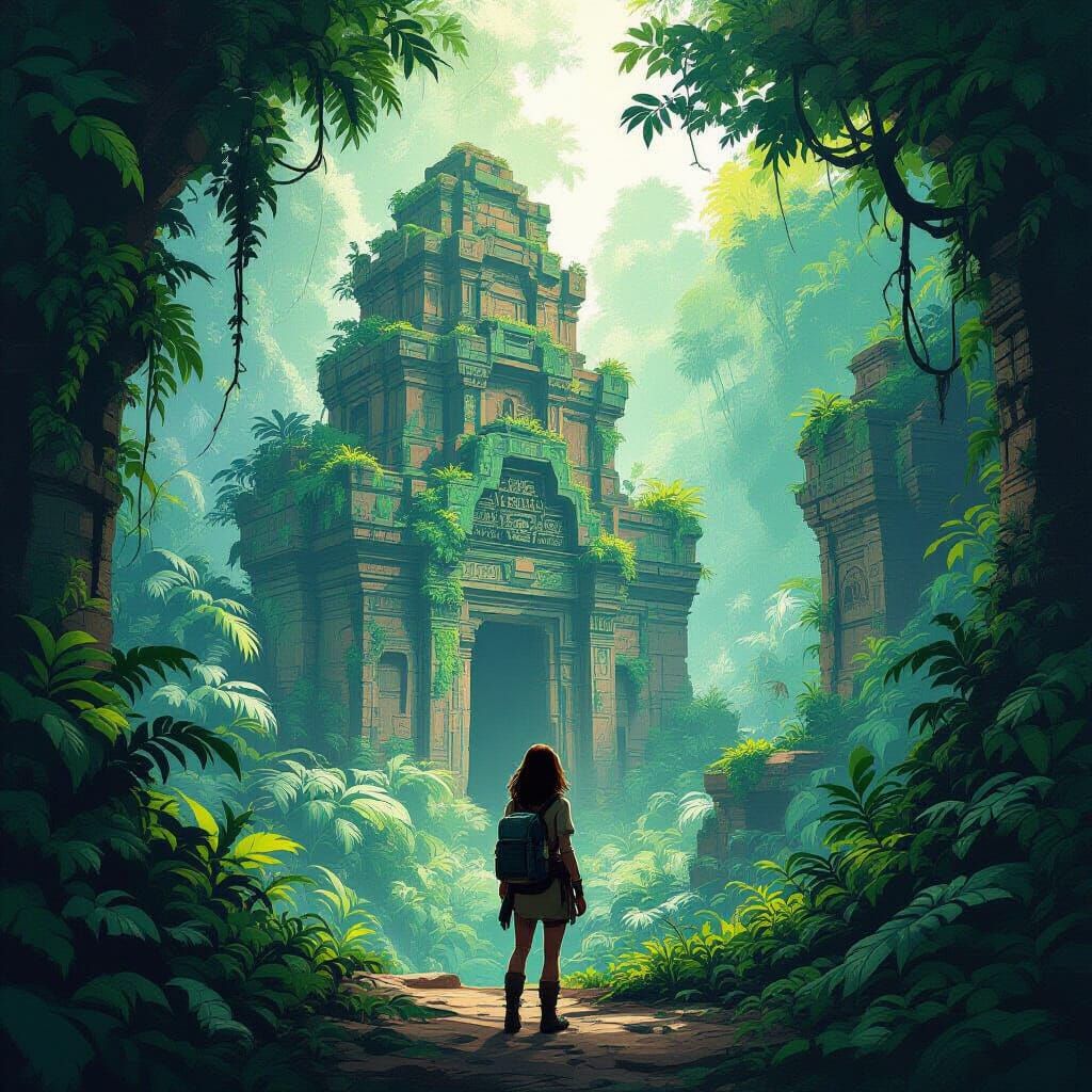 Female Explorer Discovers Alien Jungle Ruin in Gouache Style