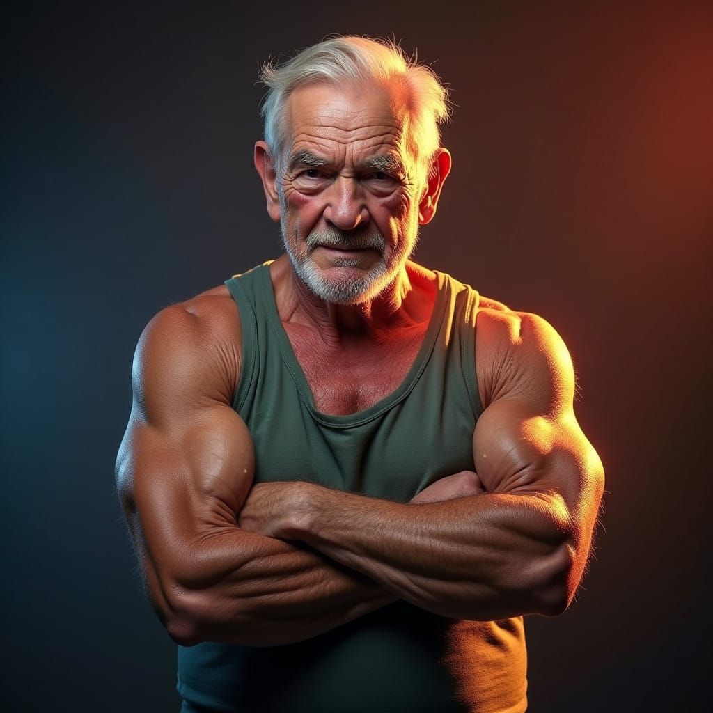 Confident Senior Man Showcases Toned Arms in Hyperrealistic ...