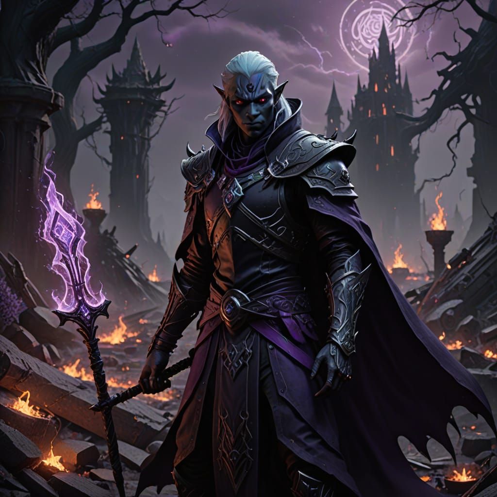 Dark Fantasy Drow Mage in the Shadowfell