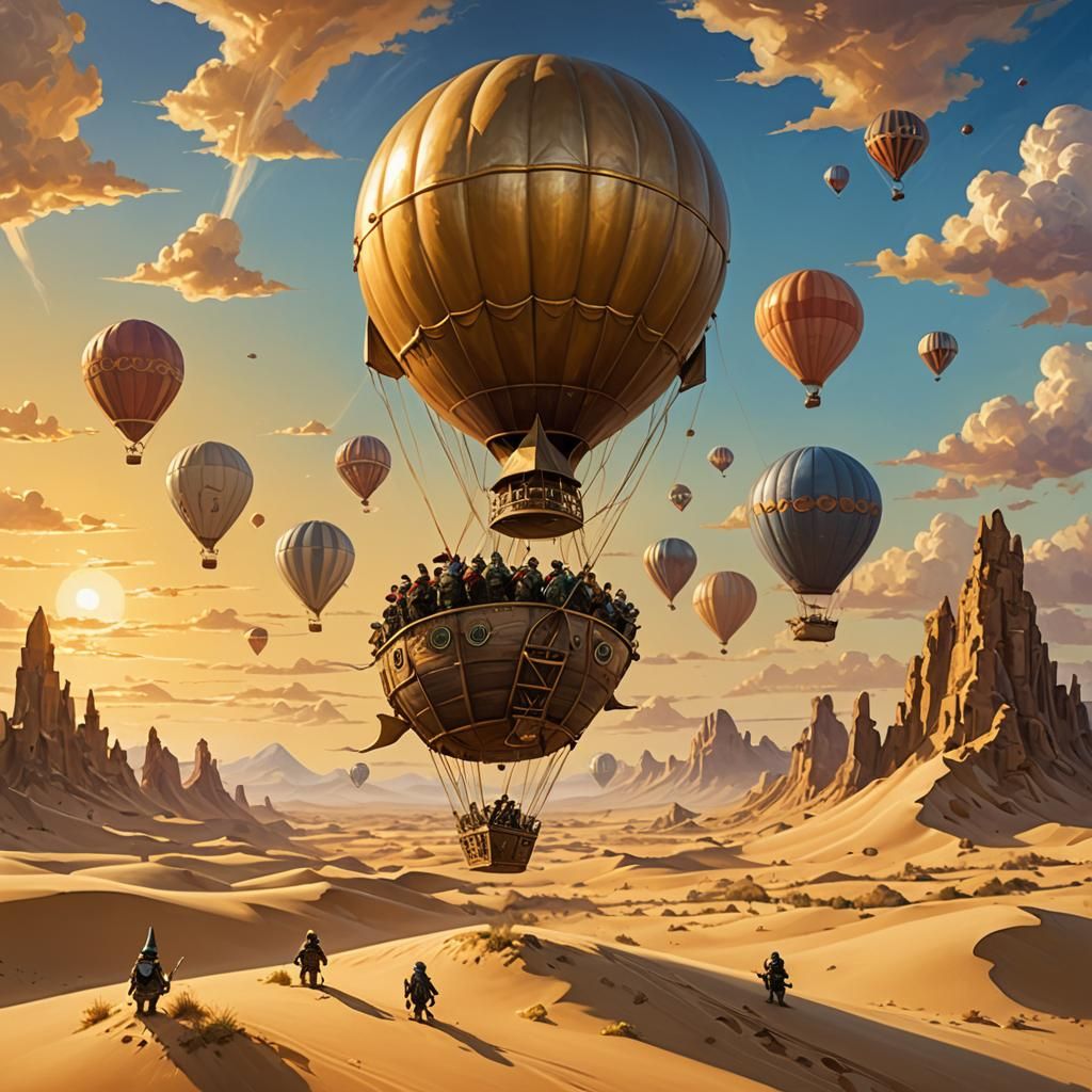Gnome Dirigible Crew Over Golden Desert: Romantic Acrylic Ar...