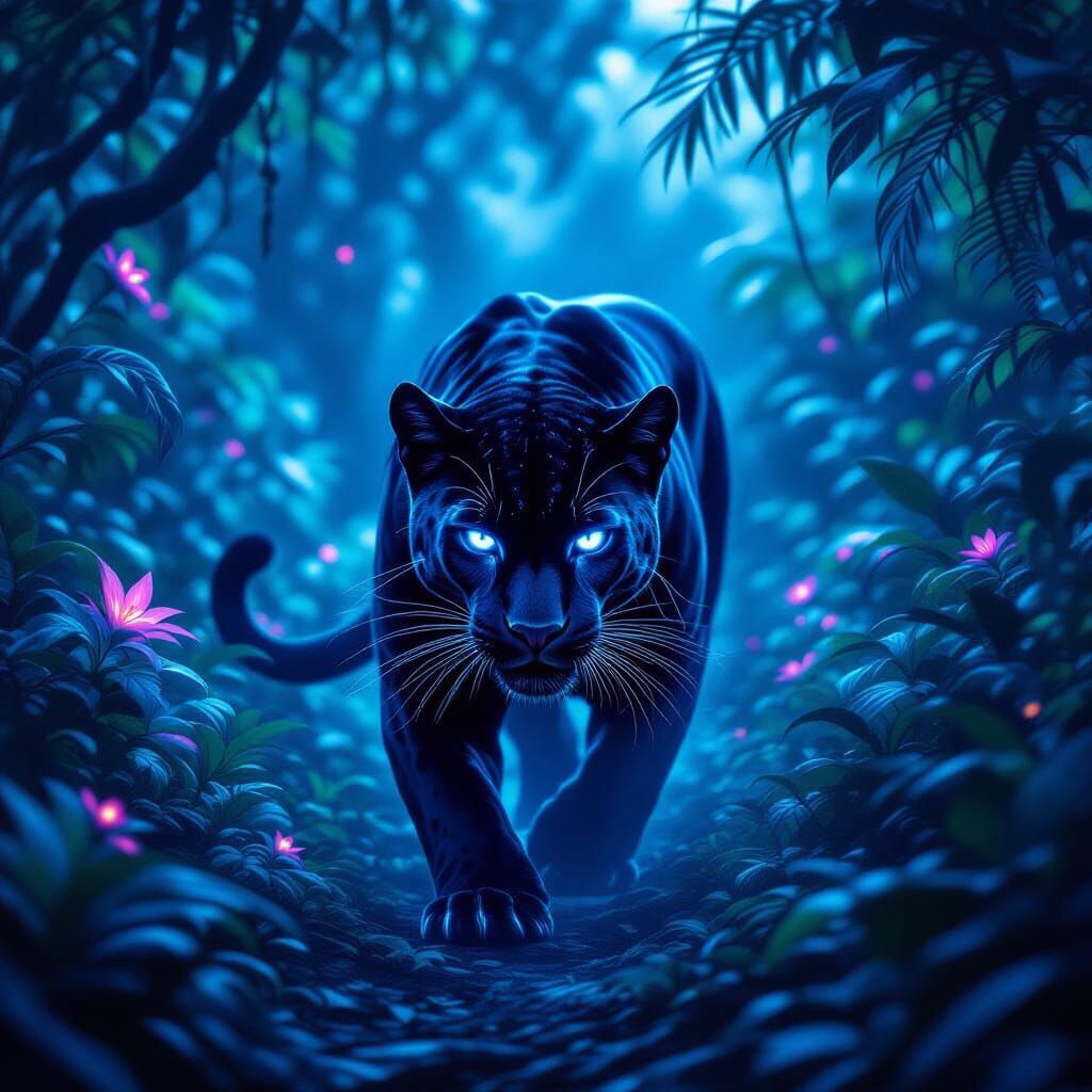 Obsidian Panther in Bioluminescent Jungle, Photorealistic Fa...