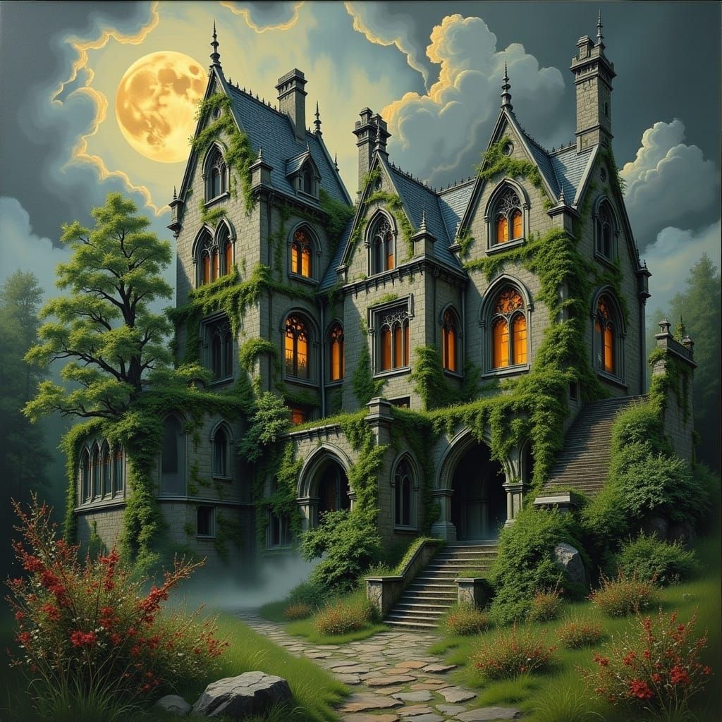 Gothic Castle Ruins in Moonlit Overgrowth