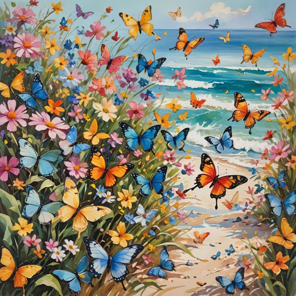 Impasto Butterflies Dance on Sunlit Beach