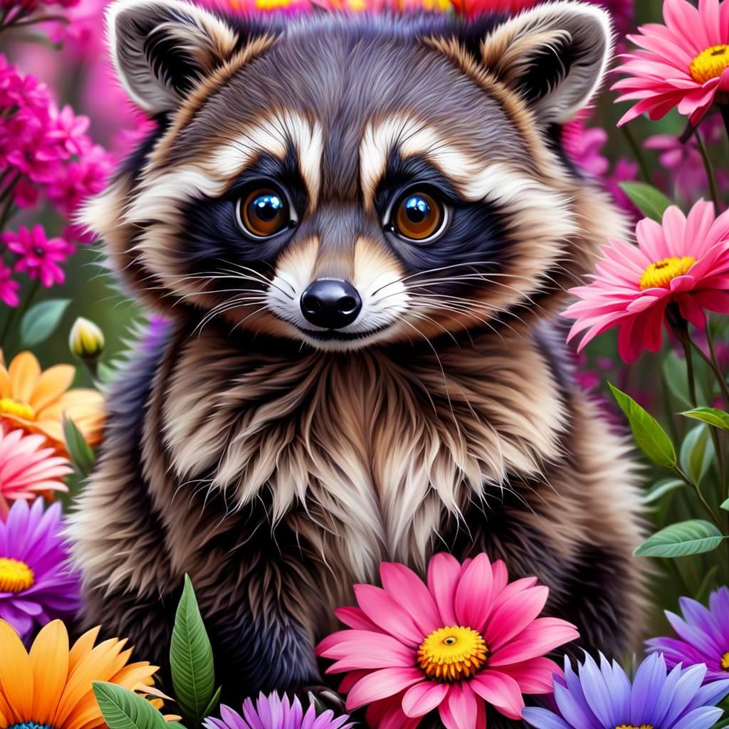 Cute Fluffy Raccoon with Colorful Flowers