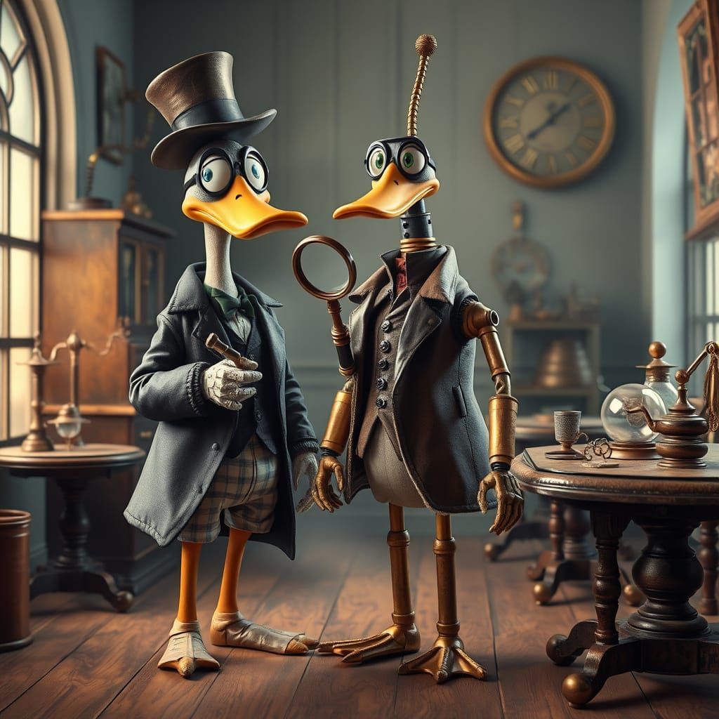 Steampunk Duck Detective in Claymation Style