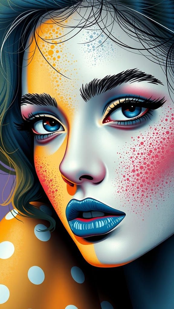 Bold Graphic Portrait of Woman with Blue Hair and Red Lipsti...