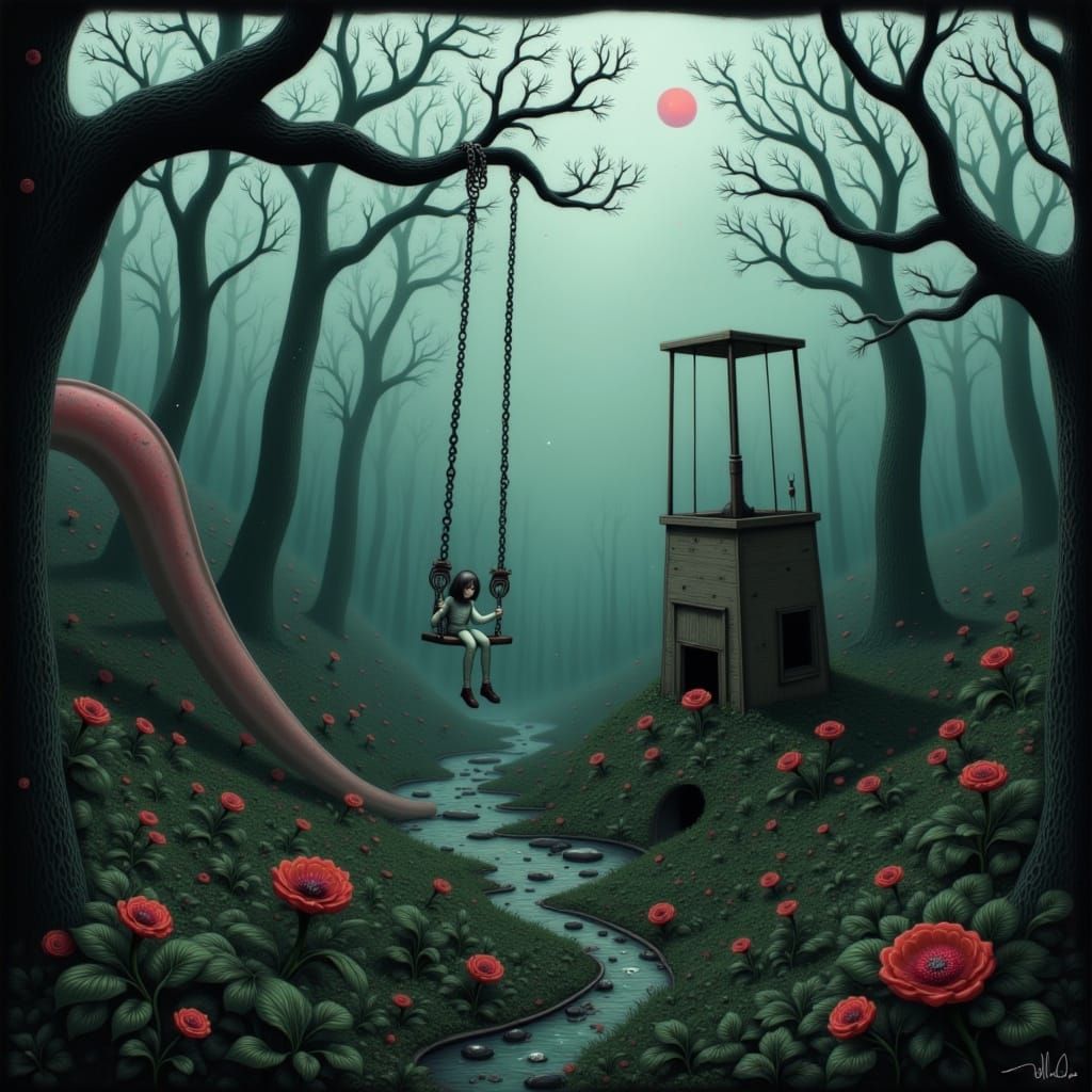 Eerie Abandoned Playground in Moody Digital Art Style