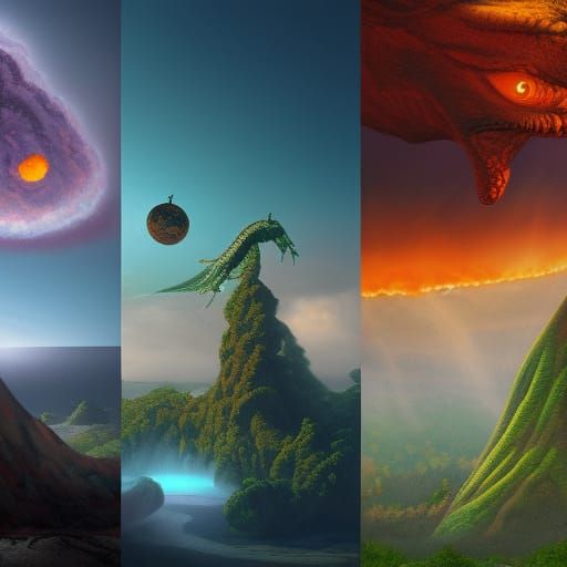 Flying Saucer and T-Rex by a Volcano