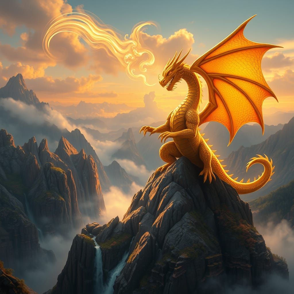 Colossal golden dragon atop a cloud-piercing mountain peak, scales shimmering like sunsets, eyes glowing with ancient wi...