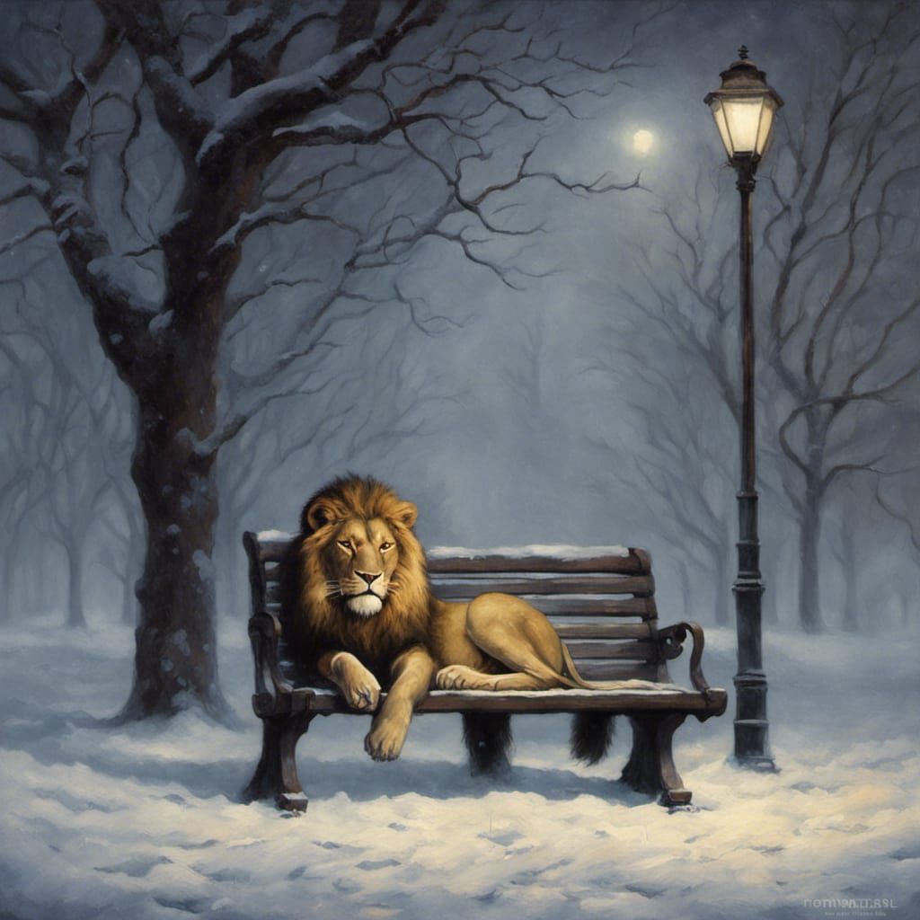Lion's Sinister Slumber in Snowy Park, Ethereal Fantasy