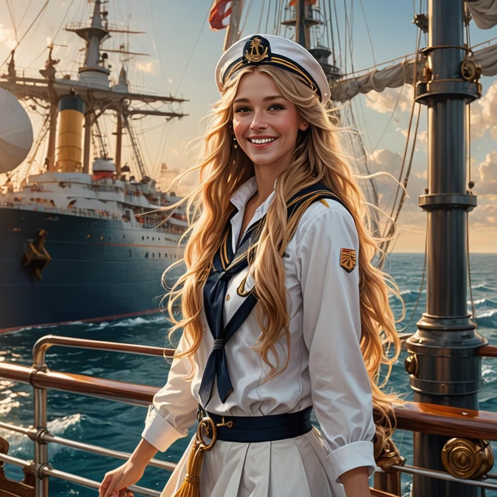 a very beautiful and smiling girl with long golden hair, dre...