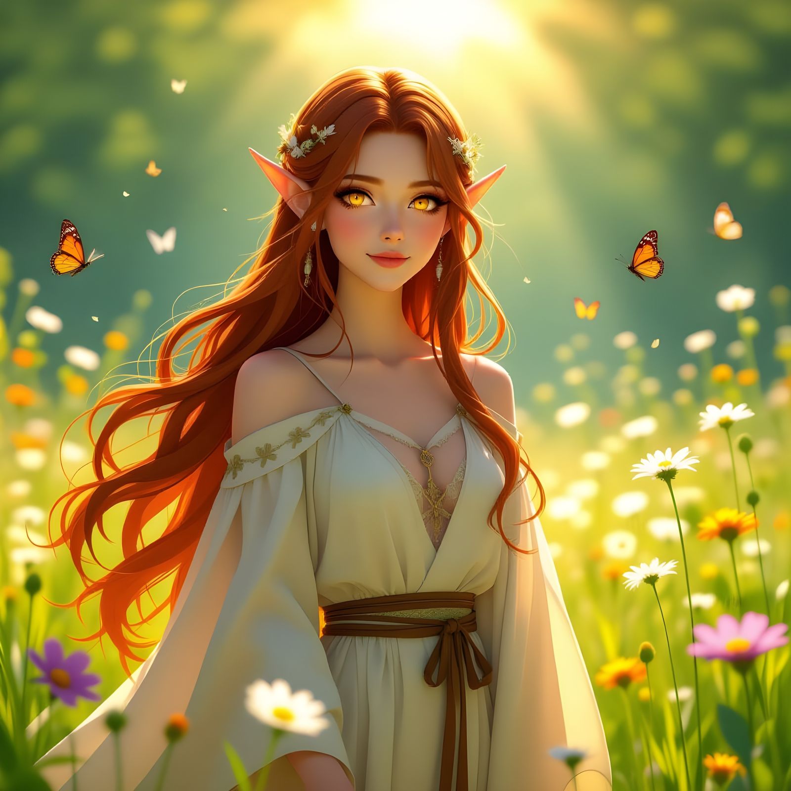 Serene Elf in Sunlit Meadow, Ghibli-Inspired Digital Art