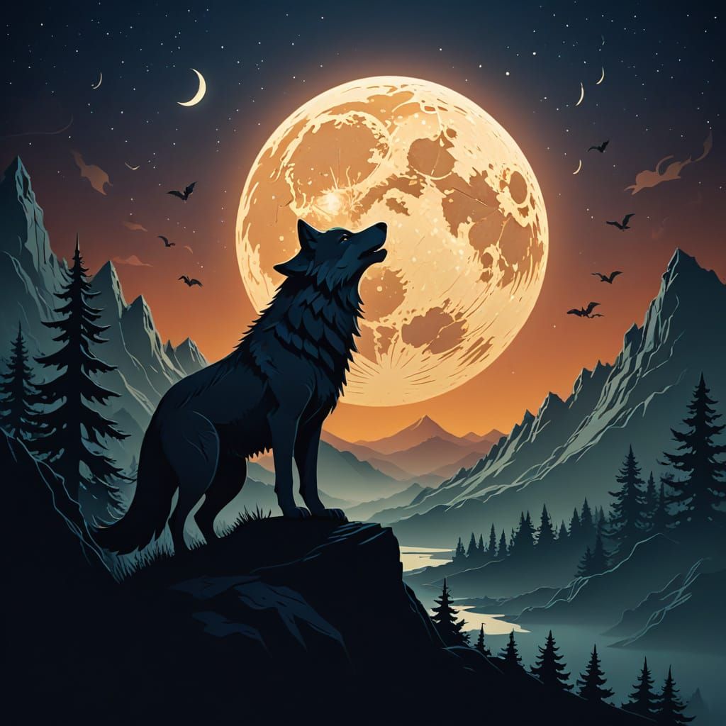 Kirigami Wolf Collage Howling at Moon