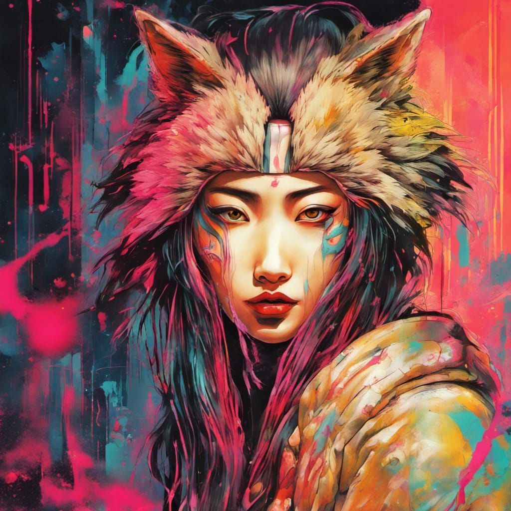 Cyberpunk Wolf Woman in Neon Graffiti Style