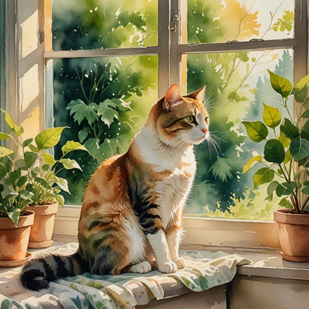 Whimsical Cat in Morning Light Watercolor