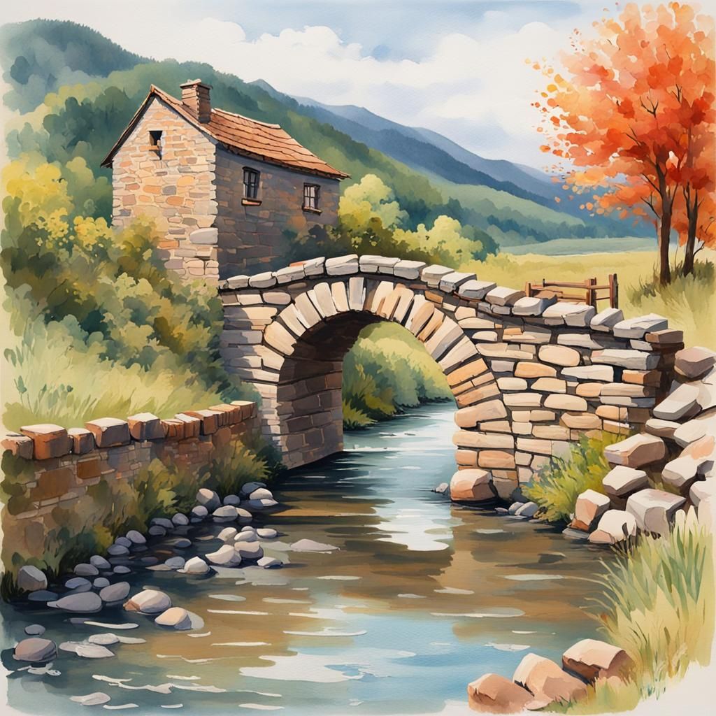 Stone House and Bridge in Gouache Style