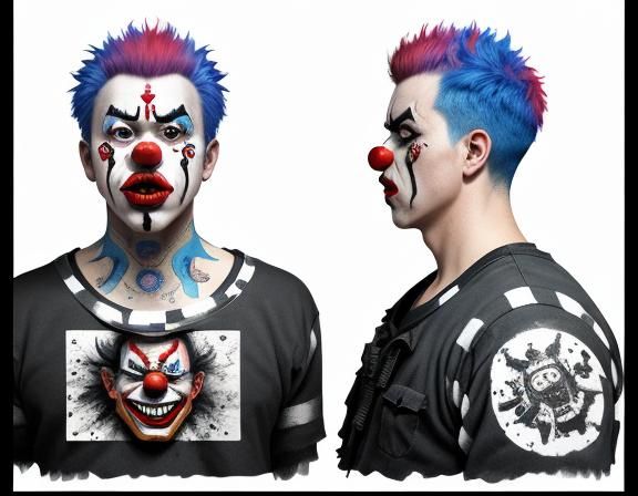 angry clown arrest , Hyperrealistic, splash art, concept art, mid shot, intricately detailed, color depth, dramatic, 2/3...