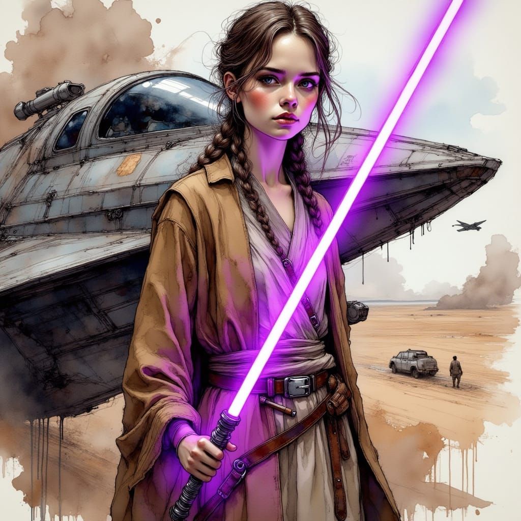 Jedi Girl with Purple Lightsaber Beside Spaceship