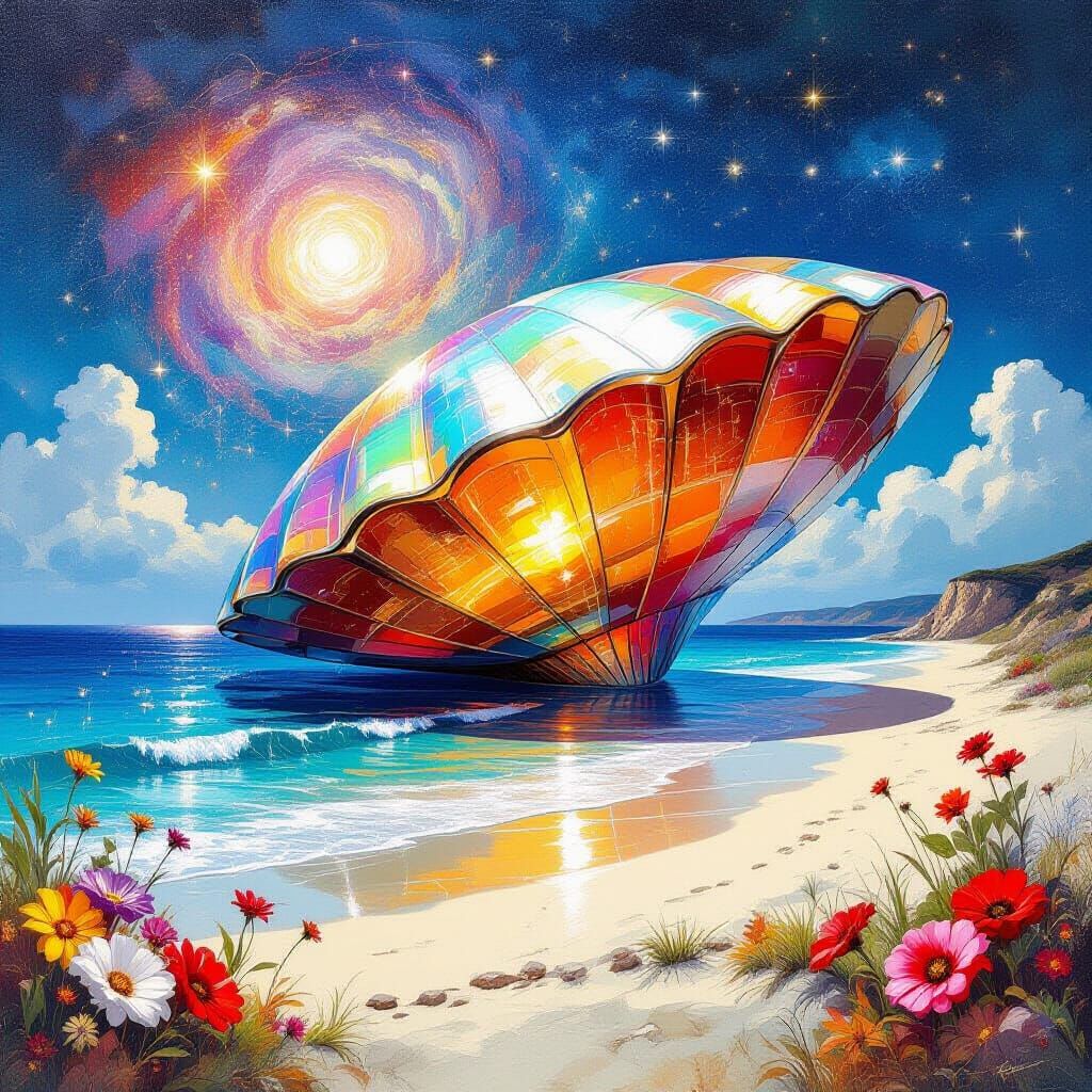 A giant seashell, similar to a UFO space saucer, made of rotating cosmic nebulae