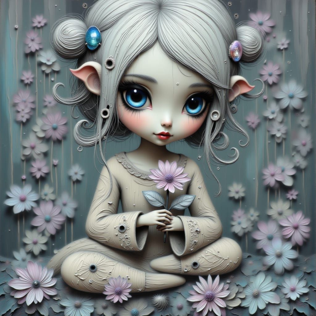 Ancient Pixie Figurine with Wisteria Bloom