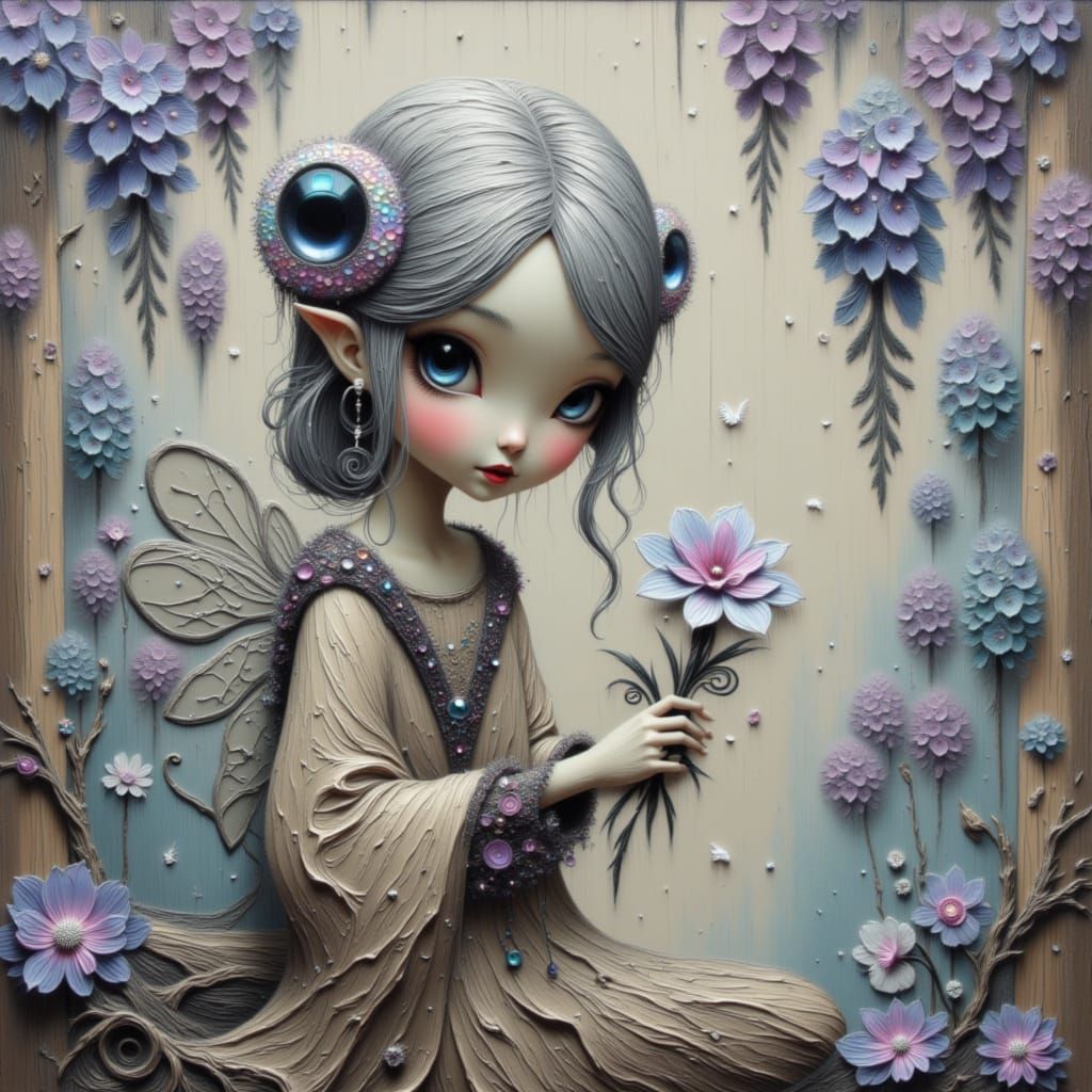 Ancient Pixie Figurine with Wisteria Bloom