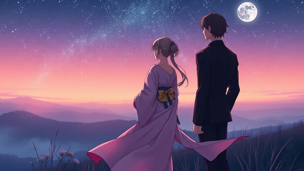 Serene Anime Couple Gaze at Starry Night Sky