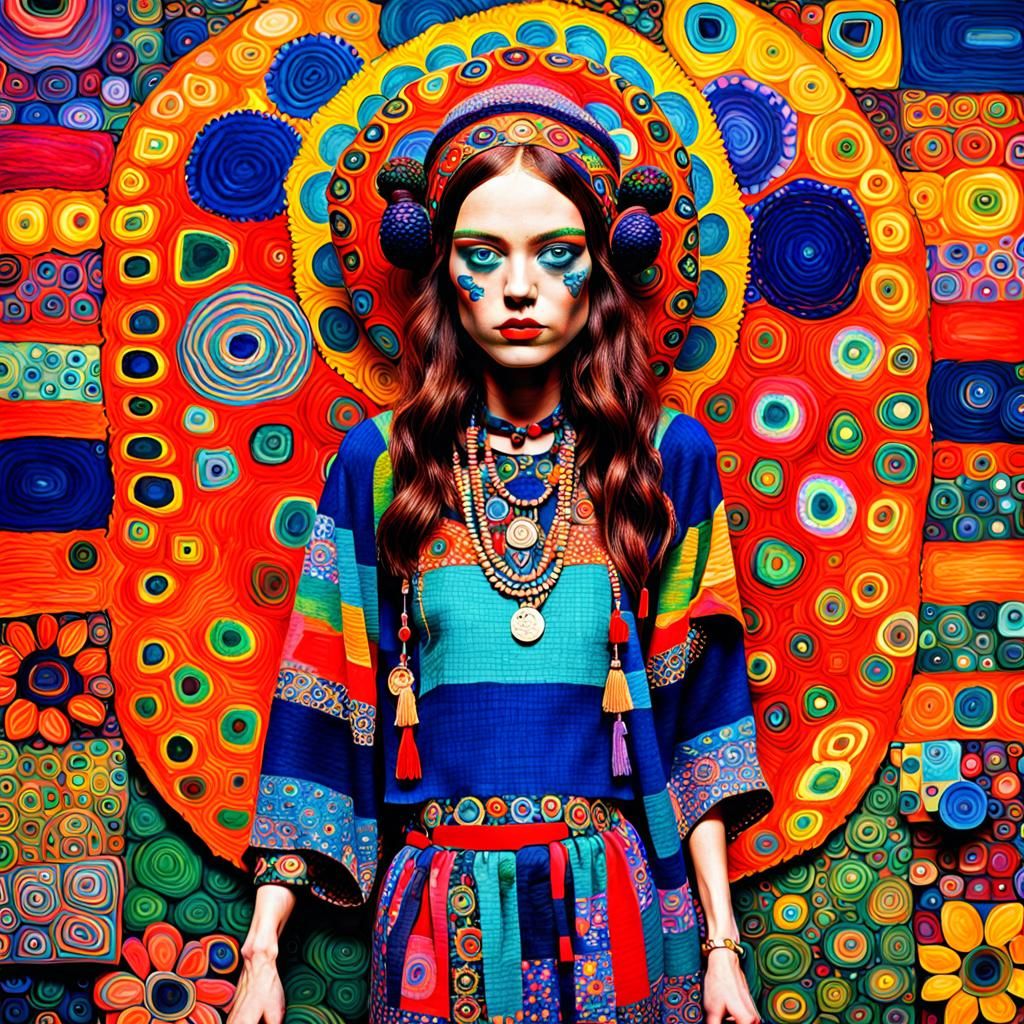 Vibrant Hippie Model in Maximalist Art Style