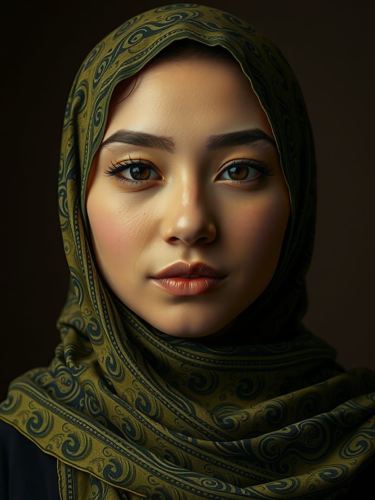 Serene Young Woman in Arabic-Inspired Dress, Lost in Thought...