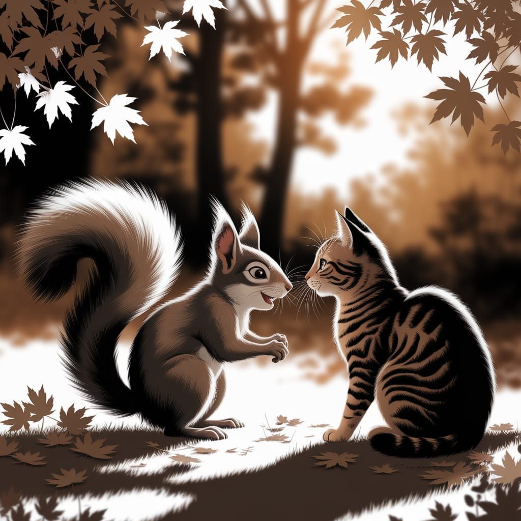 Squirrel Teasing Cat in Sun-Dappled Forest, Manga Style
