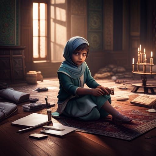 Little Muslim Girl Cutting Paper Fantasy Art