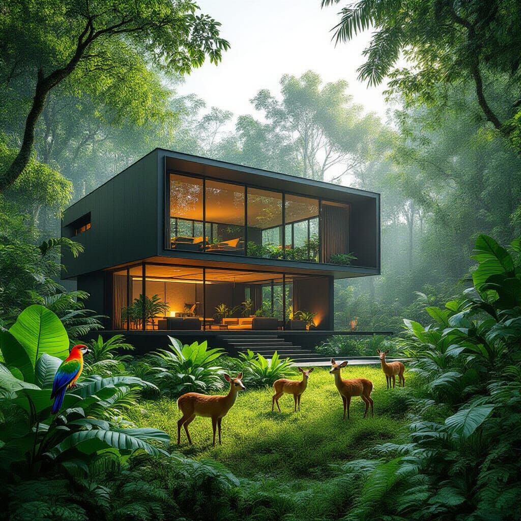 Modern House in Tropical Forest with Wildlife