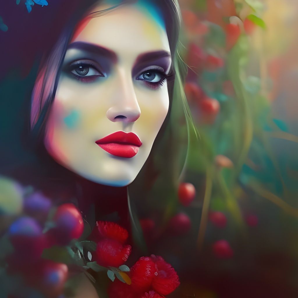 Woman Portrait with Fruits and Flowers in Ink Painting Style