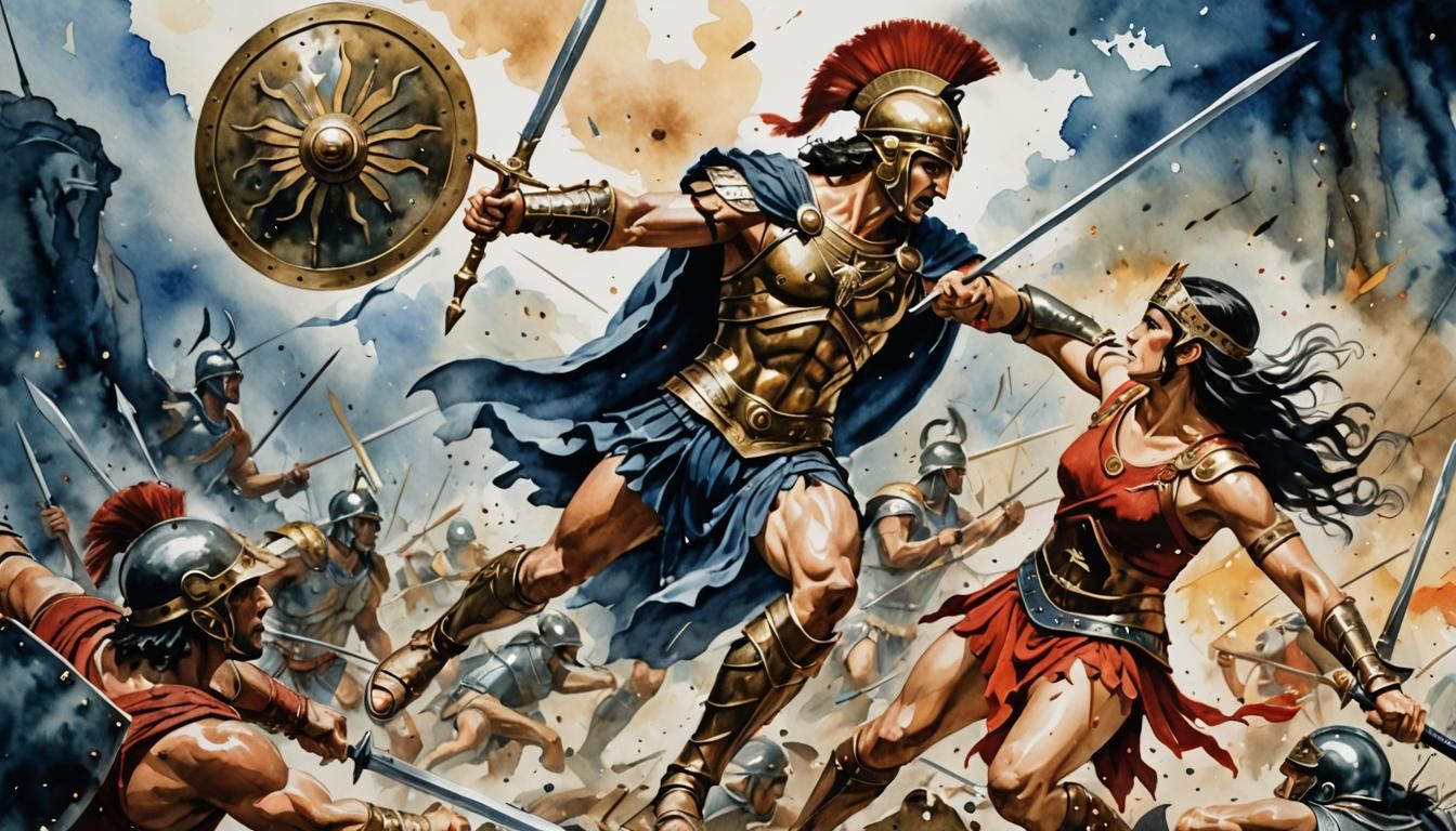 Penthesilea and Achilles Battle: Watercolor Greek Mythology