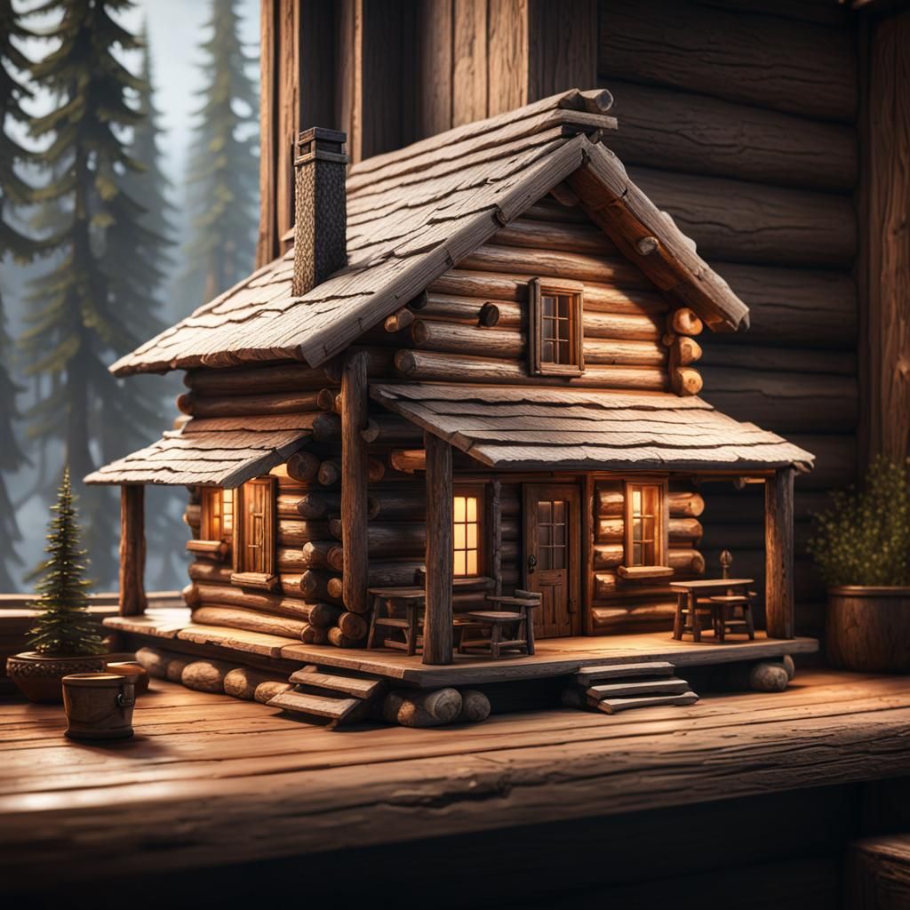 Miniature Wooden Log Cabin in 3D Style