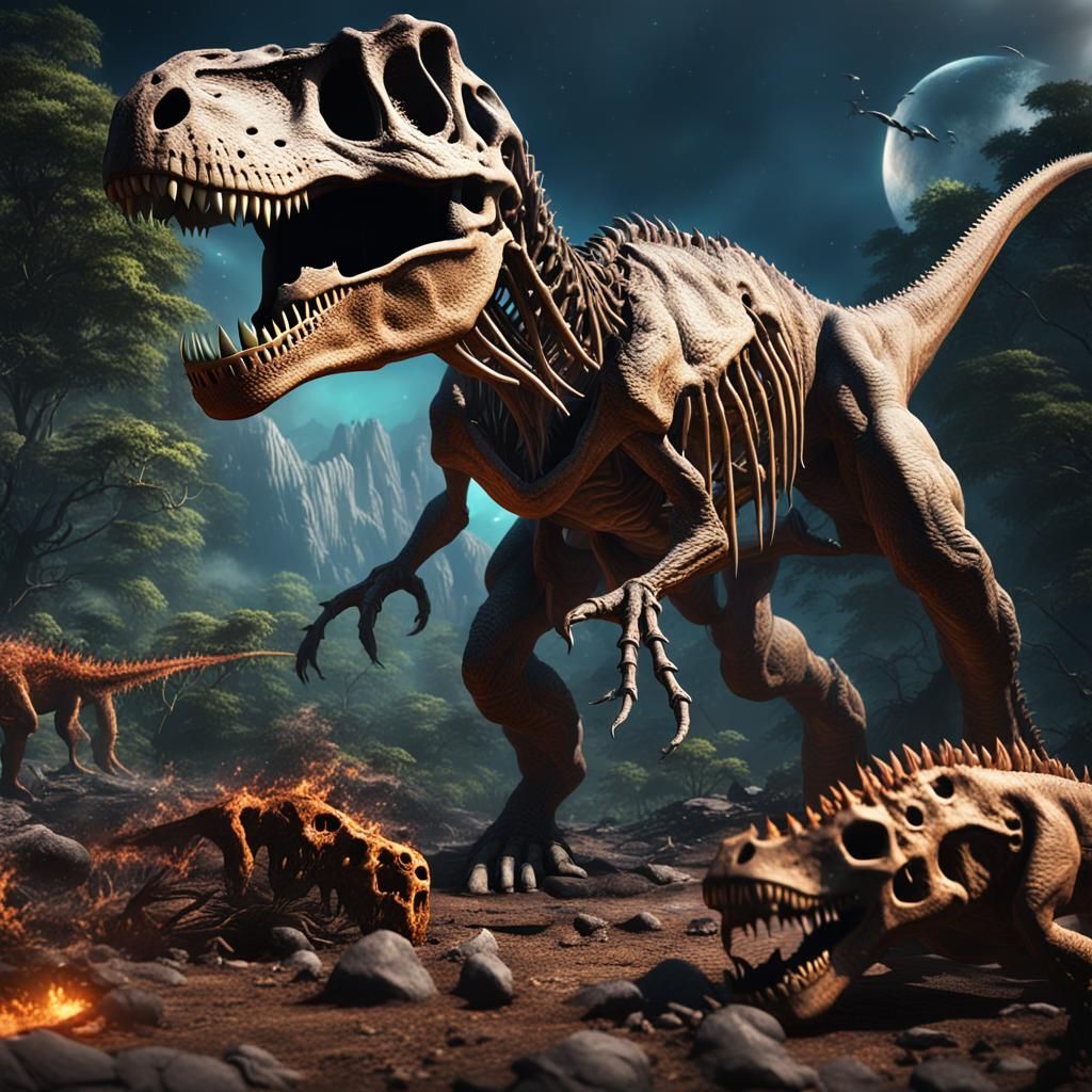 Fleshy T-Rex Sniffs Dinosaur Skull in Asteroid Field