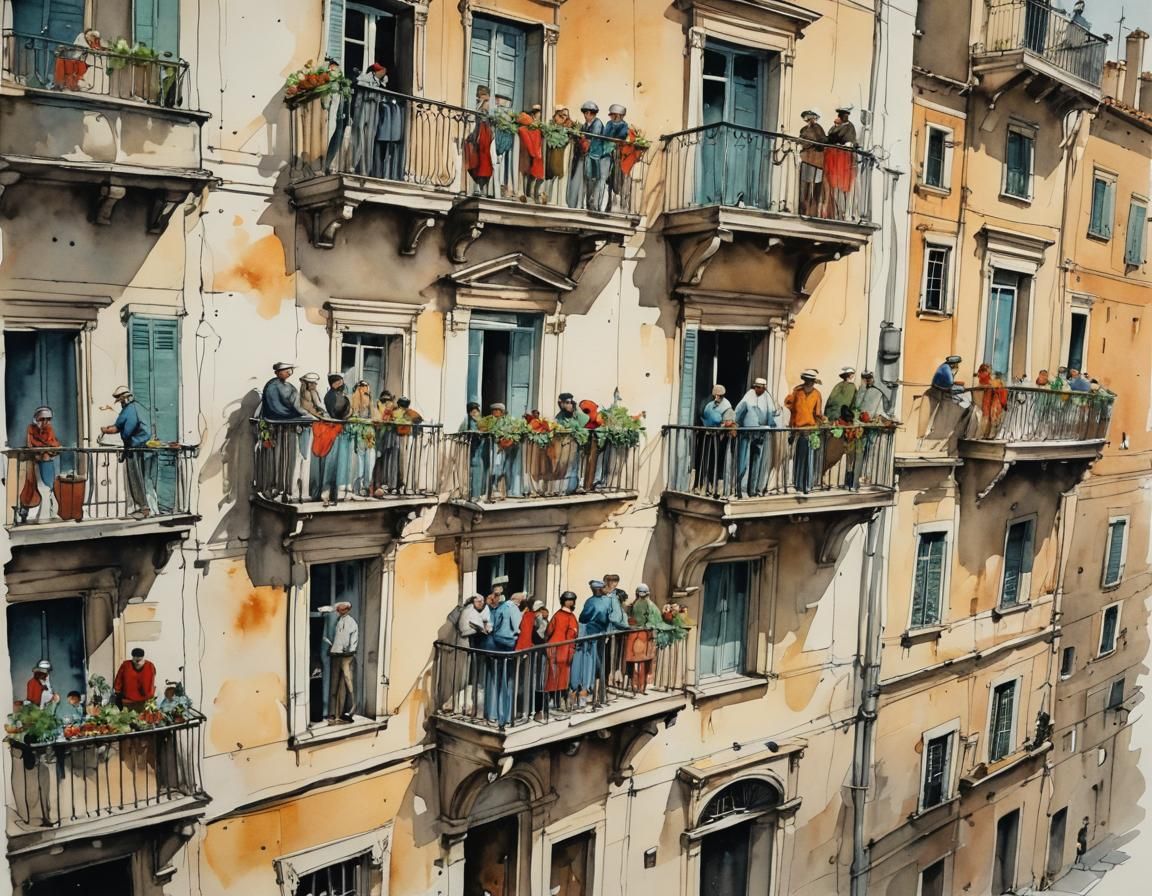 Charming Balcony View in Watercolor and Ink