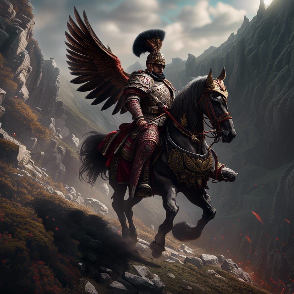 Winged Hussar Descends Mountain in Digital Art