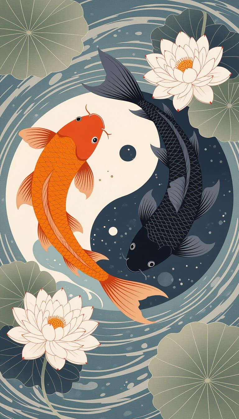 Serene koi fish, one light with vibrant orange accents, the other dark, swim in harmony, forming a ☯️.