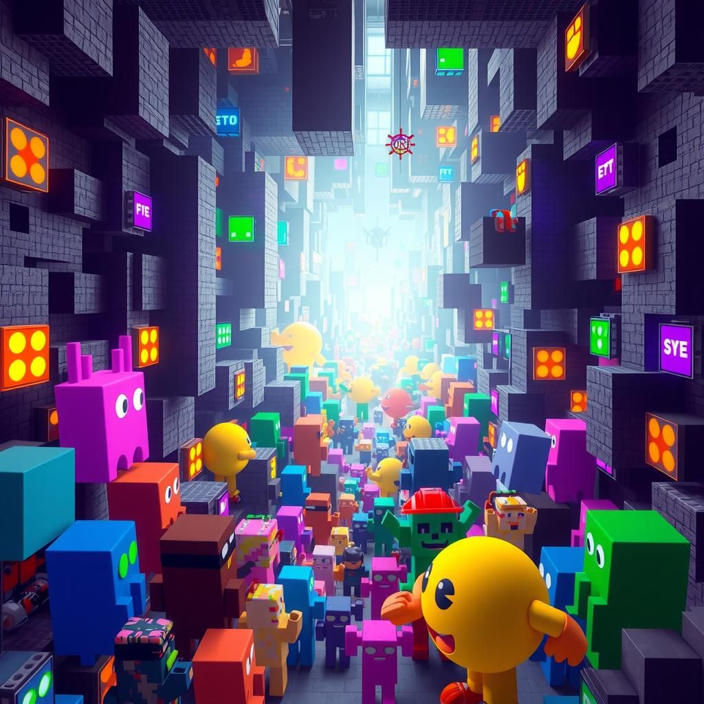 Pacman Characters in Pixelated Maze with Cubebrush Style
