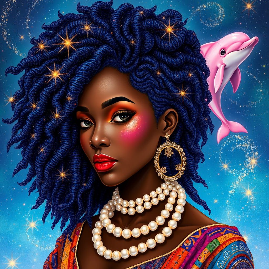 Regal African Beauty in Vibrant, Cosmic Style