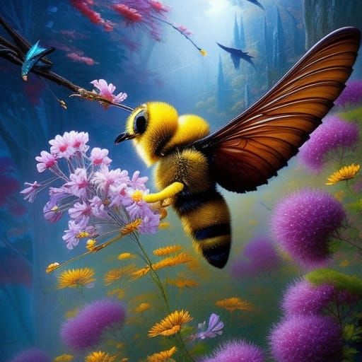 Honey Bee in Flight: Detailed Digital Painting
