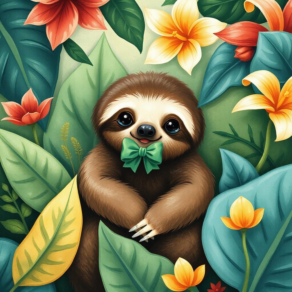 Whimsical Emerald Sloth in Rainforest Oasis
