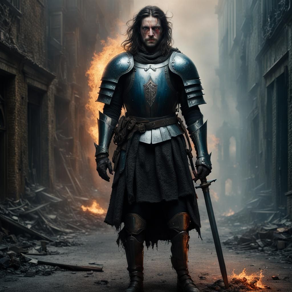 Young Knight with Demonic Shadow, Hyperrealistic Portrait