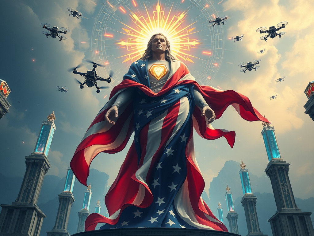 Colossal Godlike Figure in Stars and Stripes Cloak