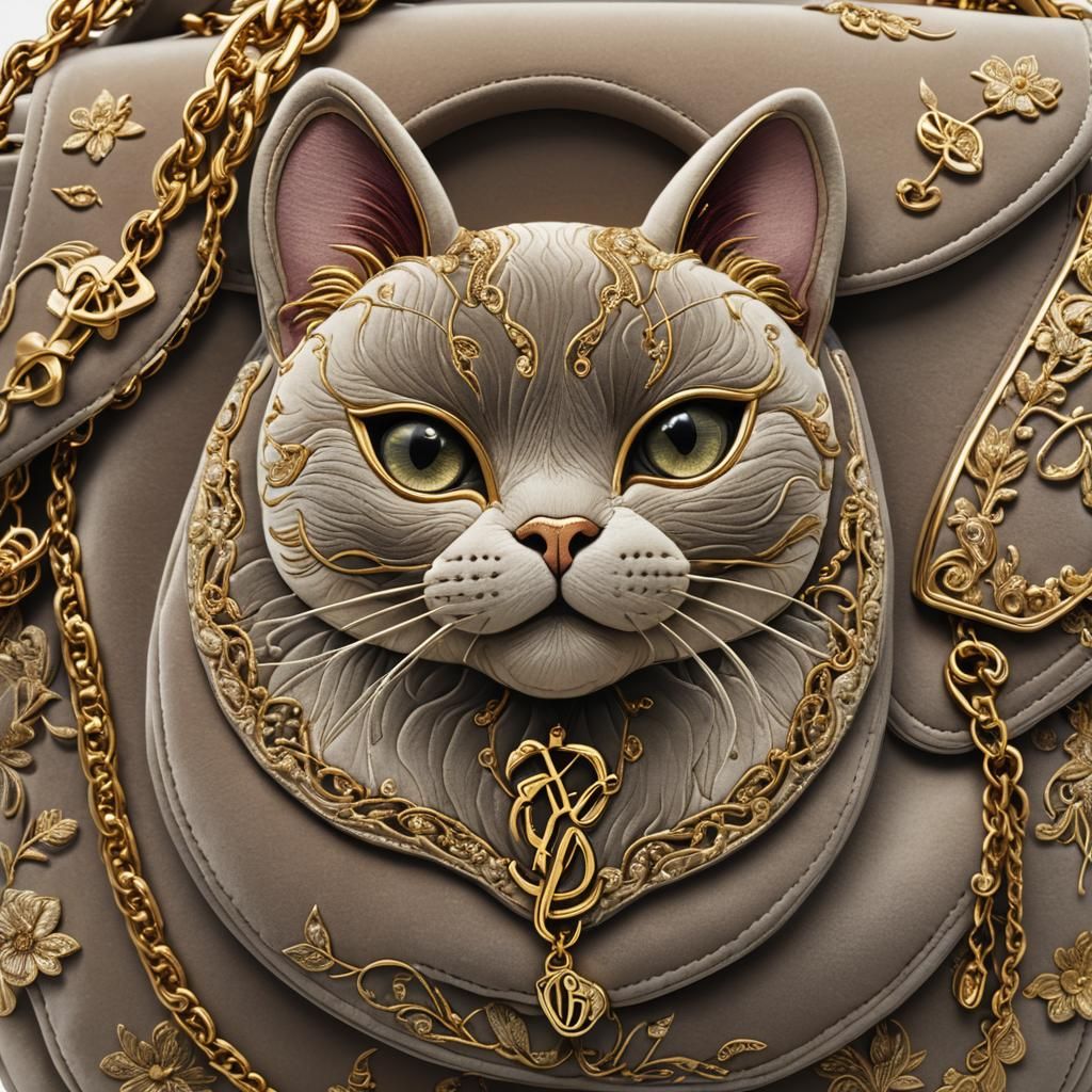 Velvet Cat Bag with Embroidery in Digital Art Style