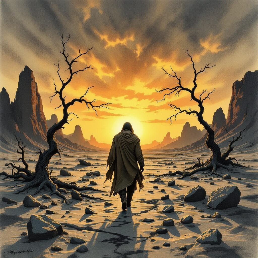 Wanderer on Desolate Plain in Hyperdetailed Surreal Style