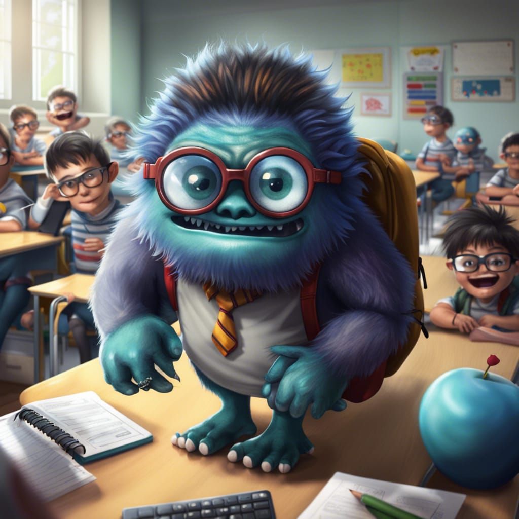Realistic Monster Nerd in Classroom