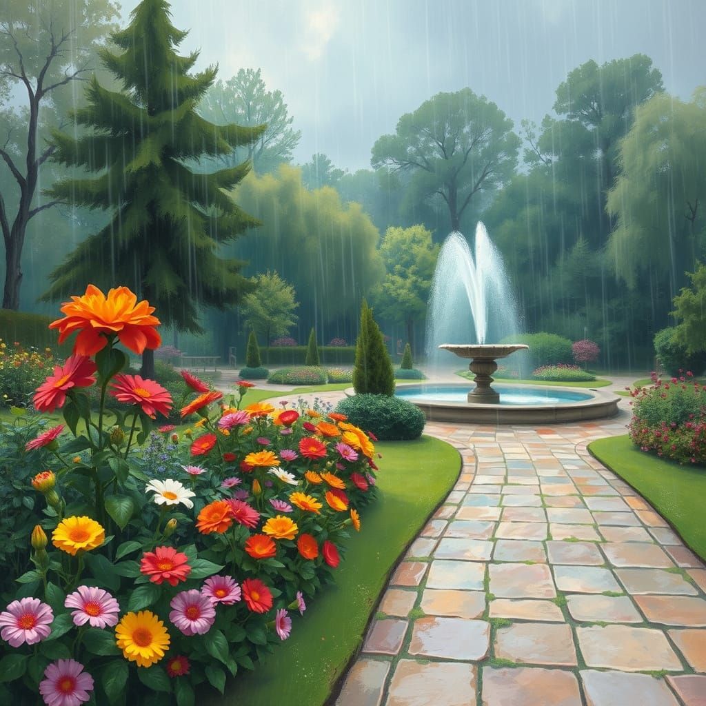 Rainy Park Scene in Impressionist Style