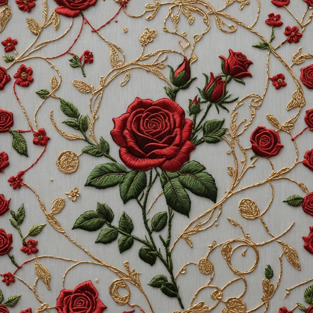 Metallic Thread Red Rose Embroidery Photograph