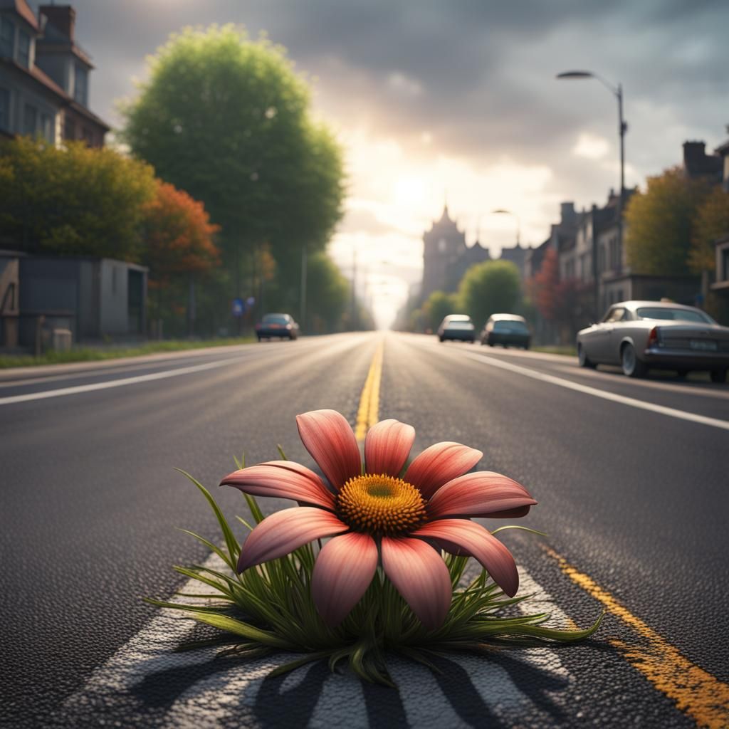 Resilient Flower Emerges from Asphalt: Detailed Matte Painti...